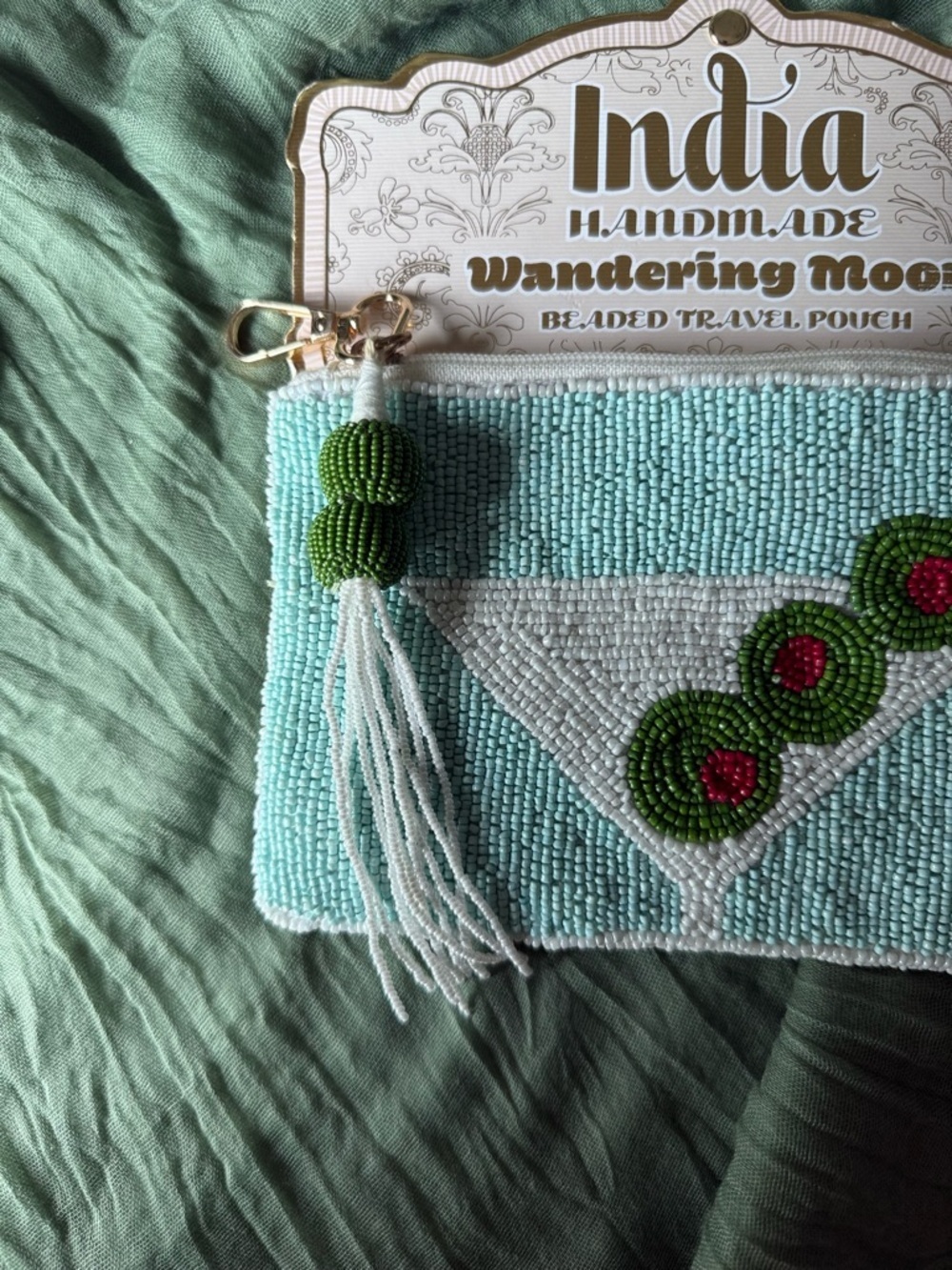 India Handmade Aqua Beaded Travel Pouch with Cocktail Motif - Picture 4 of 7
